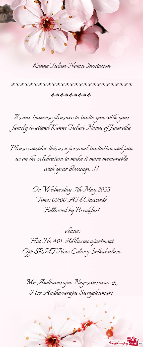 Kanne Tulasi Nomu Invitation