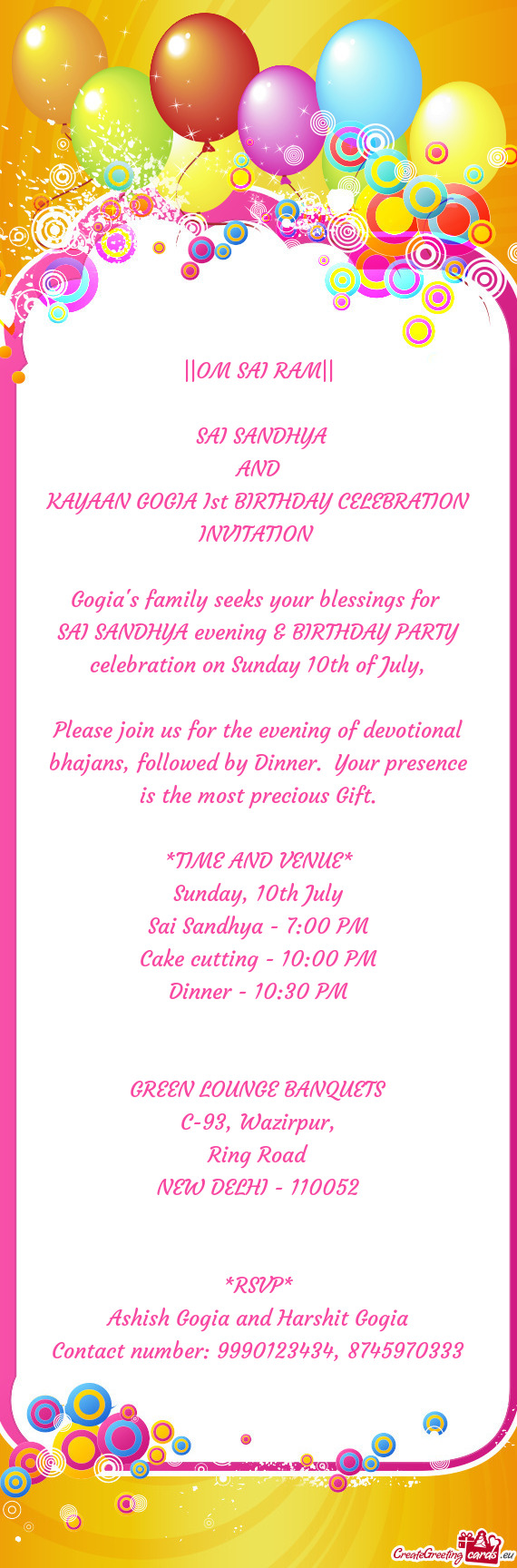 KAYAAN GOGIA Ist BIRTHDAY CELEBRATION INVITATION