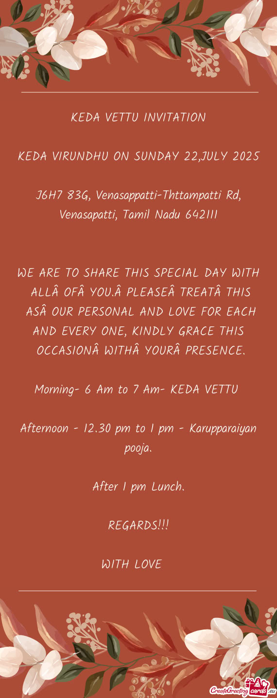 KEDA VIRUNDHU ON SUNDAY 22,JULY 2025