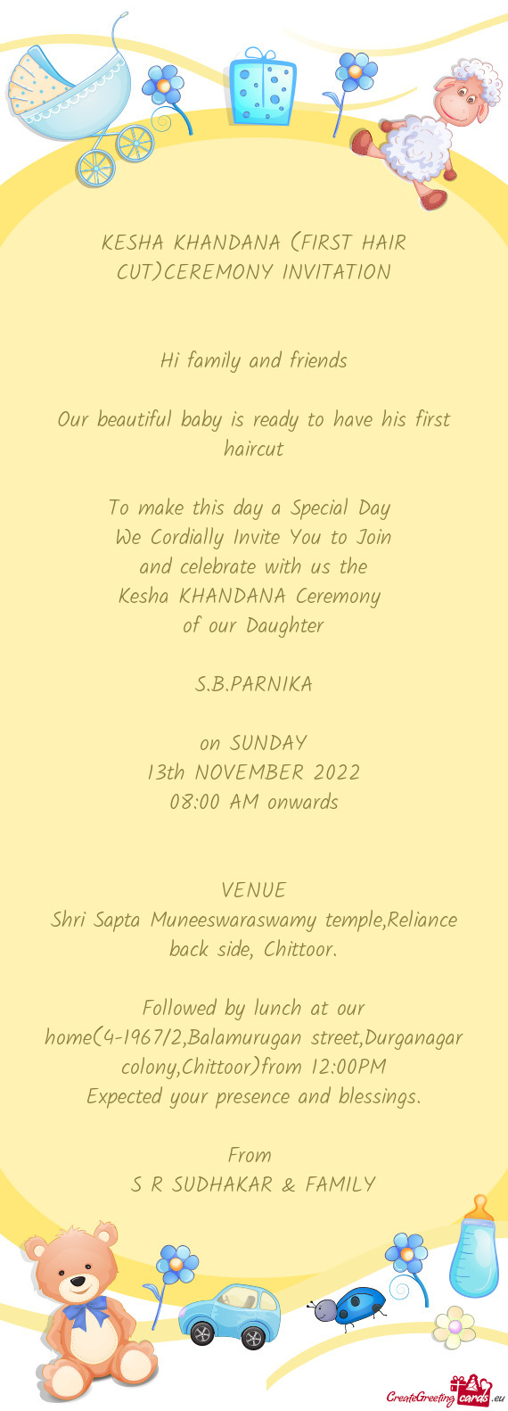 KESHA KHANDANA (FIRST HAIR CUT)CEREMONY INVITATION