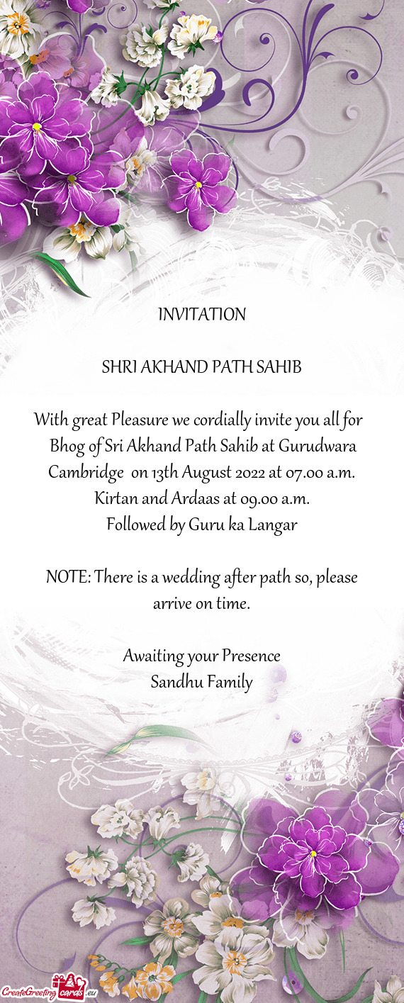 Kirtan and Ardaas at 09.00 a.m