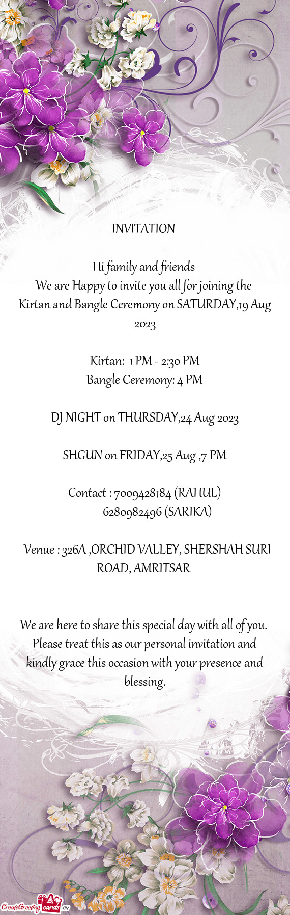 Kirtan and Bangle Ceremony on SATURDAY,19 Aug 2023