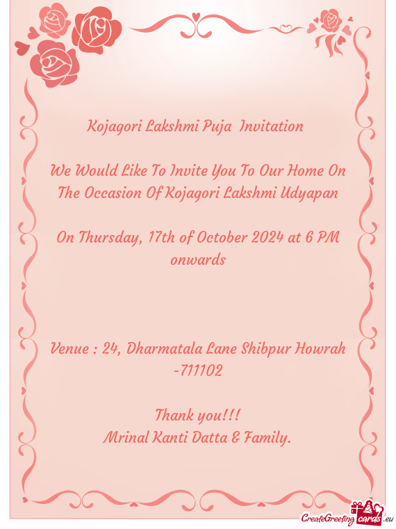 Kojagori Lakshmi Puja Invitation