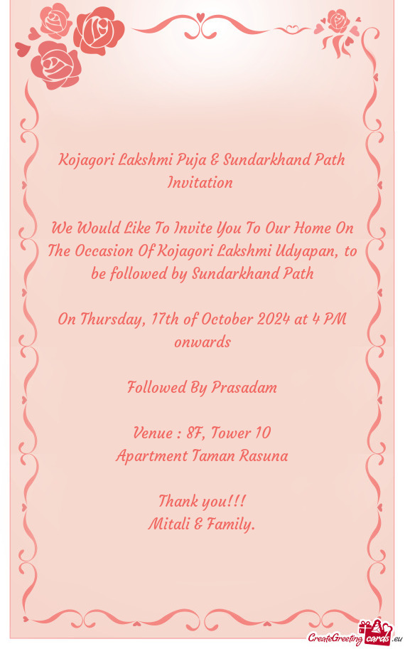 Kojagori Lakshmi Puja & Sundarkhand Path Invitation