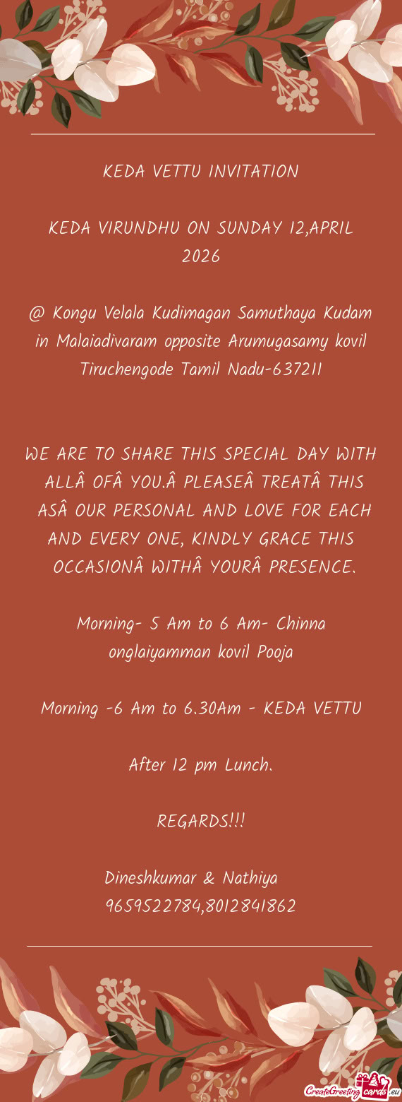 @ Kongu Velala Kudimagan Samuthaya Kudam in Malaiadivaram opposite Arumugasamy kovil Tiruchengode Ta