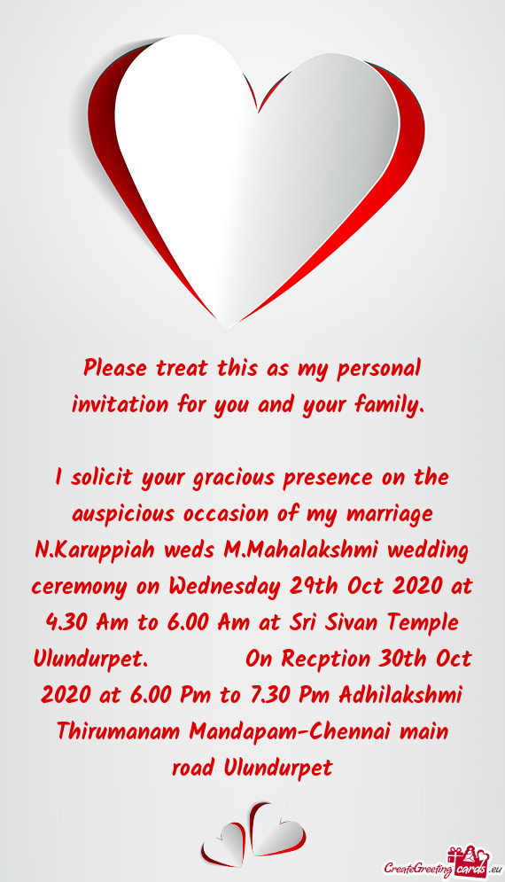 Kshmi wedding ceremony on Wednesday 29th Oct 2020 at 4.30 Am to 6.00 Am at Sri Sivan Temple Ulundurp