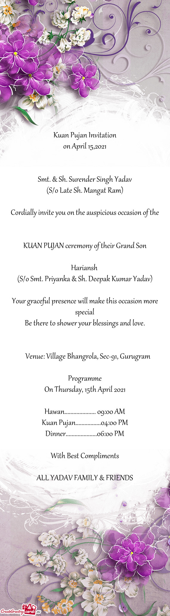 Kuan Pujan Invitation  on April 15,2021      Smt. & Sh.