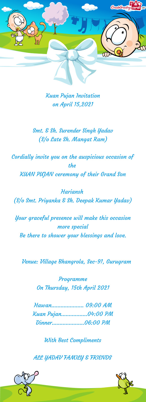 Kuan Pujan Invitation  on April 15,2021      Smt. & Sh.