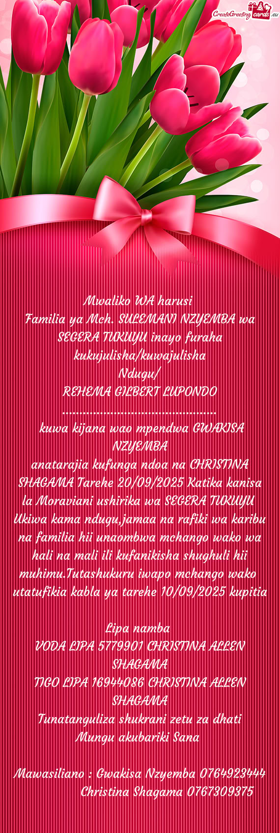 Kufanikisha shughuli hii muhimu.Tutashukuru iwapo mchango wako