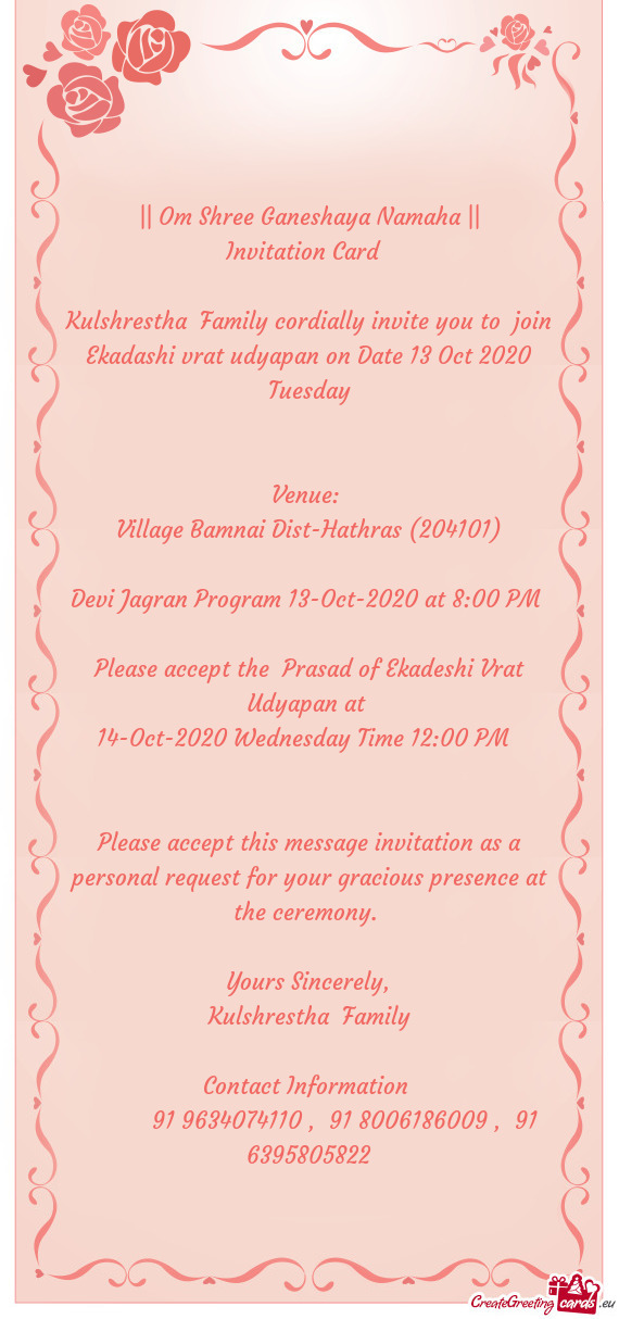 Kulshrestha Family cordially invite you to join Ekadashi vrat udyapan on Date 13 Oct 2020 Tuesday