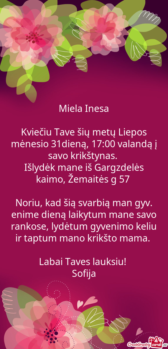 Kviečiu Tave šių metų Liepos mėnesio 31dieną, 17:00 valandą į savo krikštynas