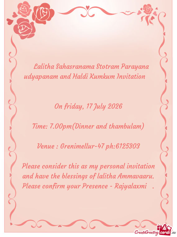 🪷Lalitha Sahasranama Stotram Parayana udyapanam and Haldi Kumkum Invitation🪷