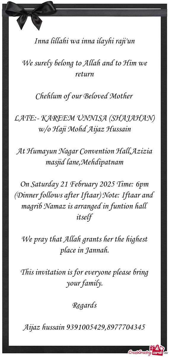 LATE:- KAREEM UNNISA (SHAJAHAN) w/o Haji Mohd Aijaz Hussain