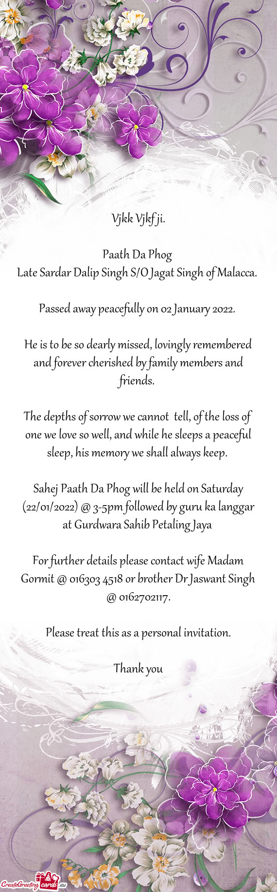 Late Sardar Dalip Singh S/O Jagat Singh of Malacca