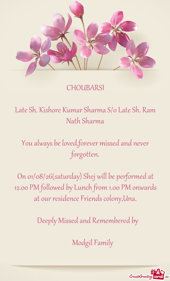 Late Sh. Kishore Kumar Sharma S/o Late Sh. Ram Nath Sharma