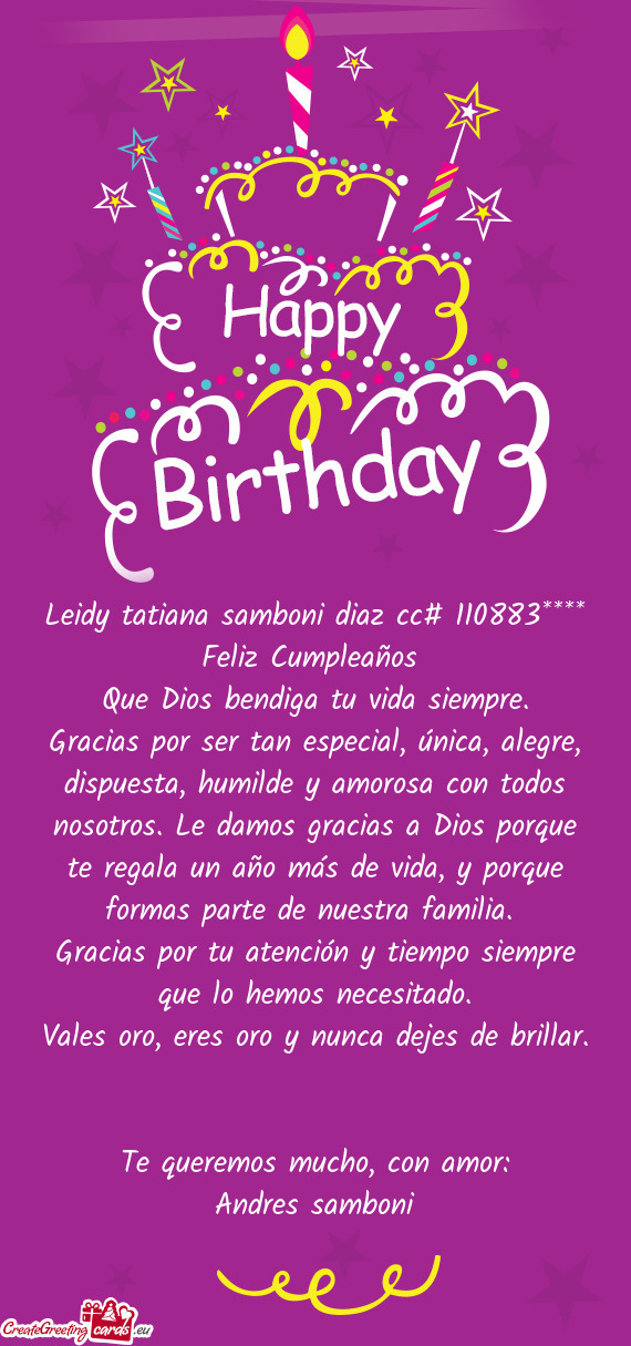 Leidy tatiana samboni diaz cc# 110883**** Feliz Cumpleaños