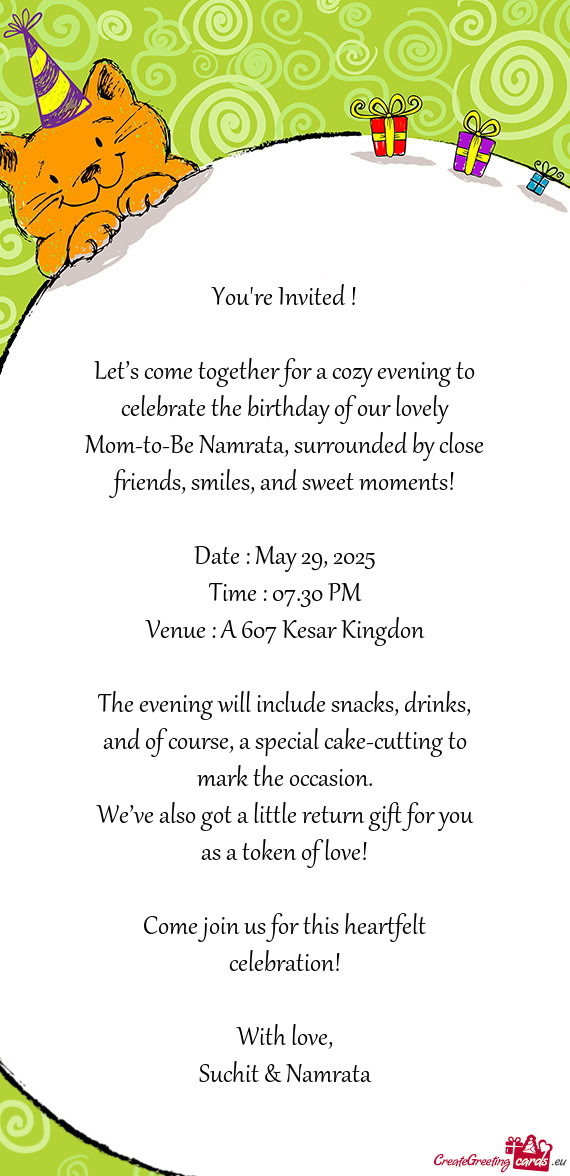 Let’s come together for a cozy evening to celebrate the birthday of our lovely Mom-to-Be Namrata