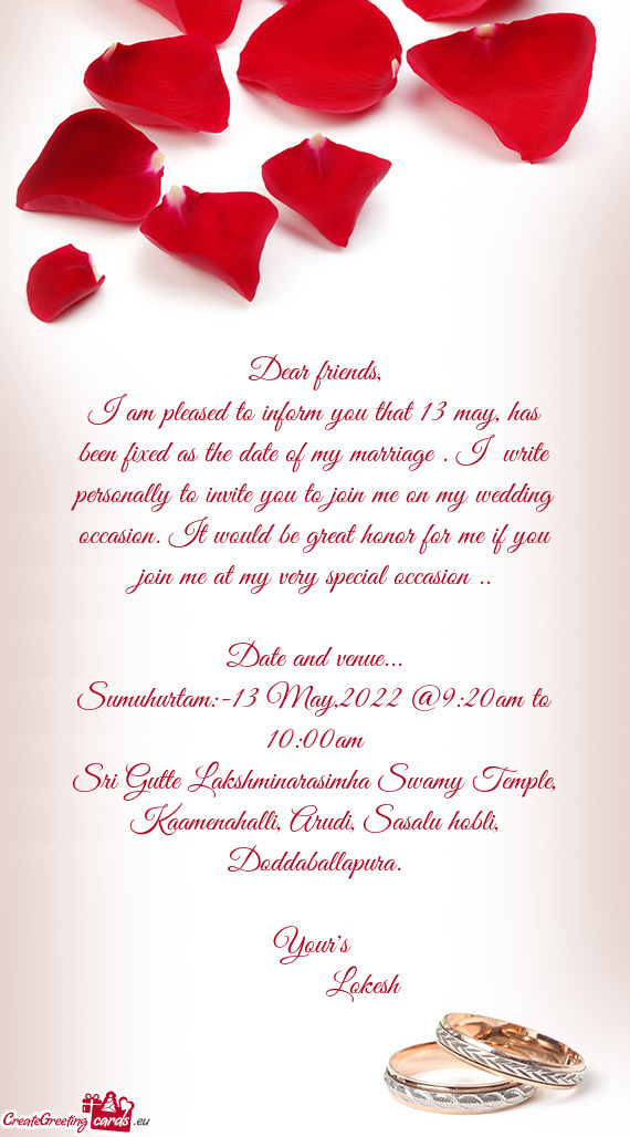 Lly to invite you to join me on my wedding occasion. It would be great honor for me if you join me a