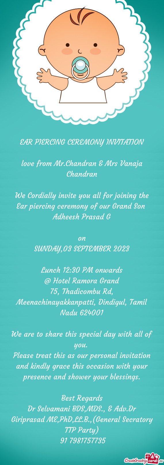 Love from Mr.Chandran & Mrs Vanaja Chandran