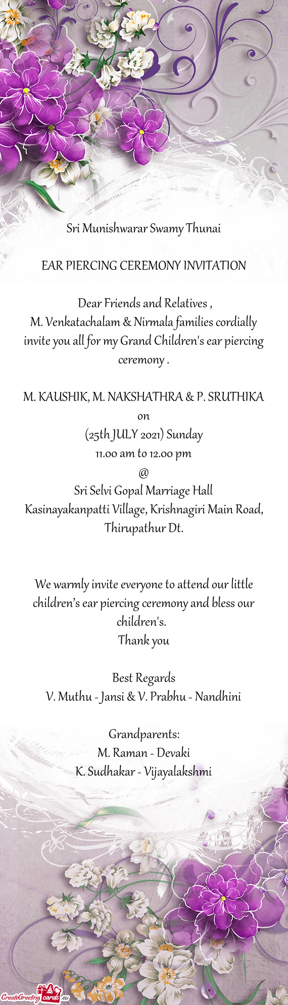 M. Venkatachalam & Nirmala families cordially invite you all for my Grand Children