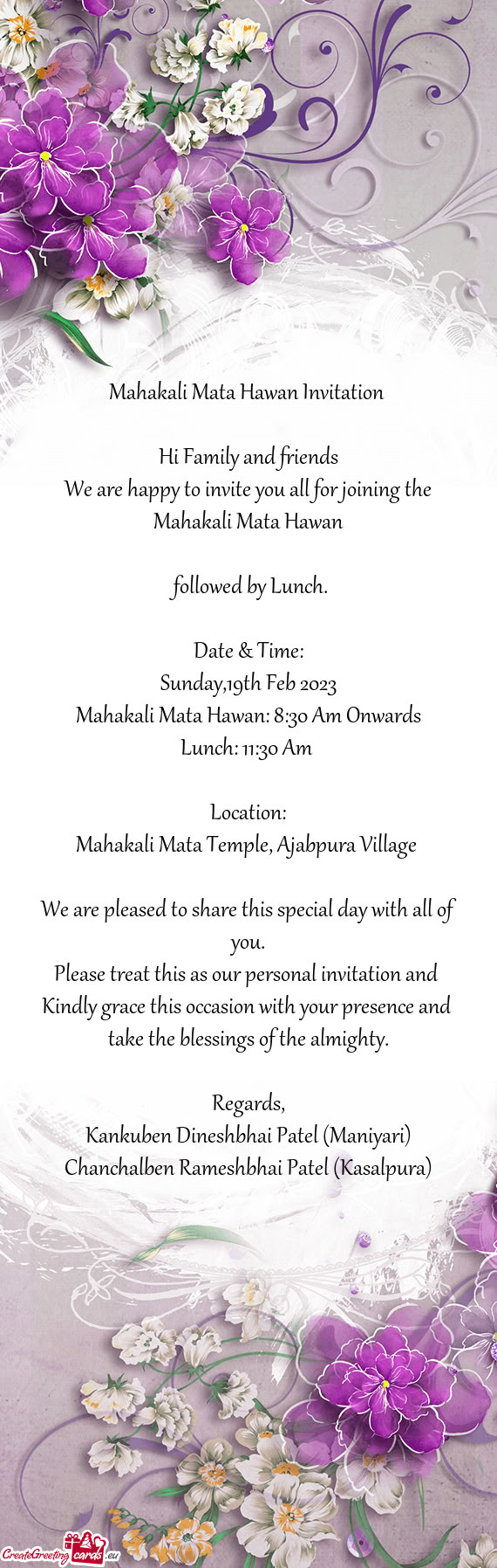 Mahakali Mata Hawan Invitation