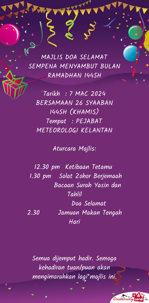 MAJLIS DOA SELAMAT SEMPENA MENYAMBUT BULAN RAMADHAN 1445H