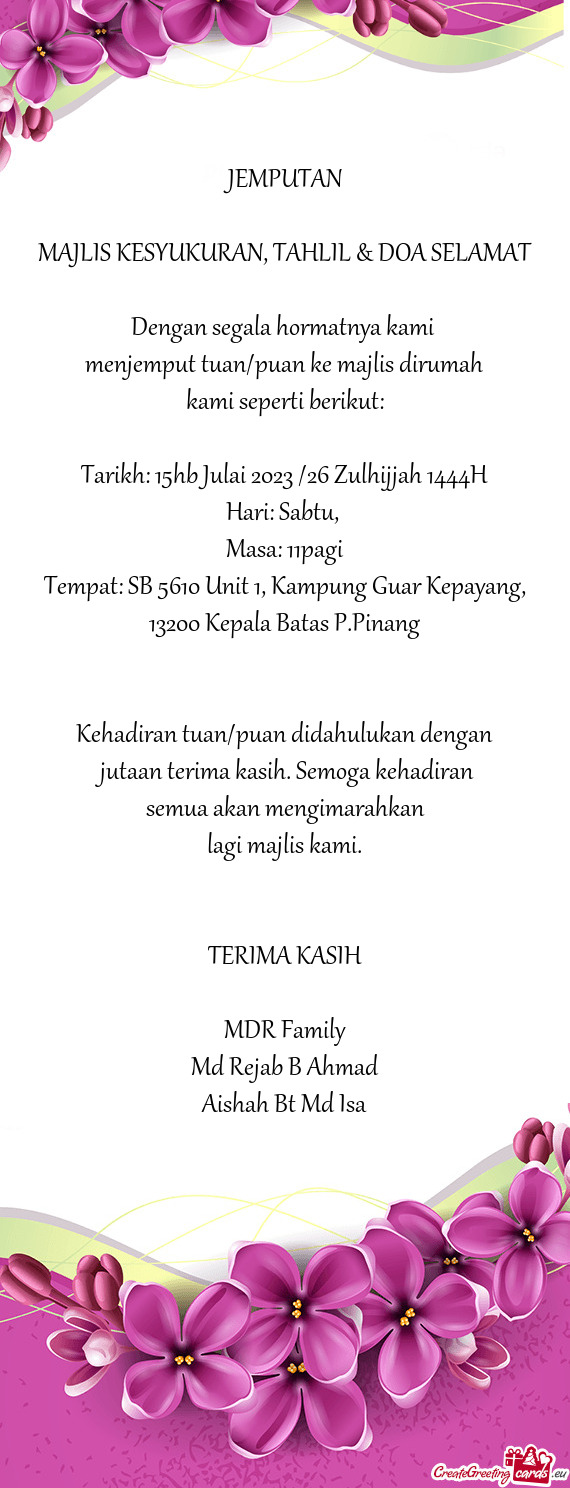 MAJLIS KESYUKURAN, TAHLIL & DOA SELAMAT