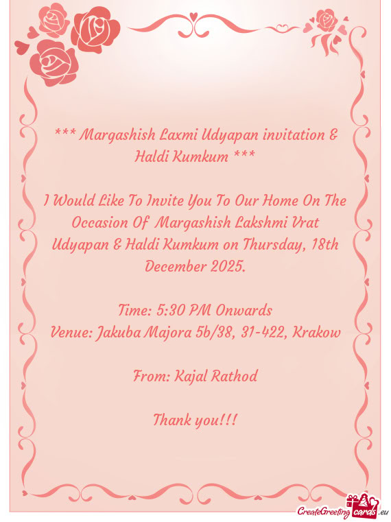 Margashish Laxmi Udyapan invitation & Haldi Kumkum