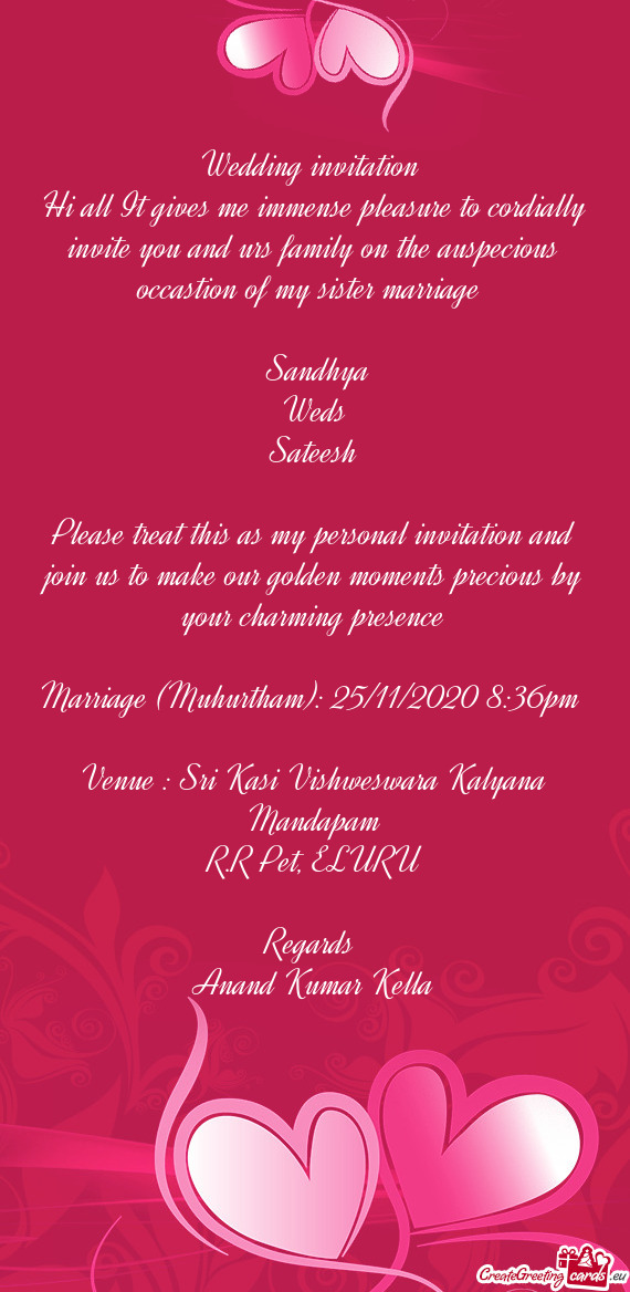 Marriage (Muhurtham): 25/11/2020 8:36pm