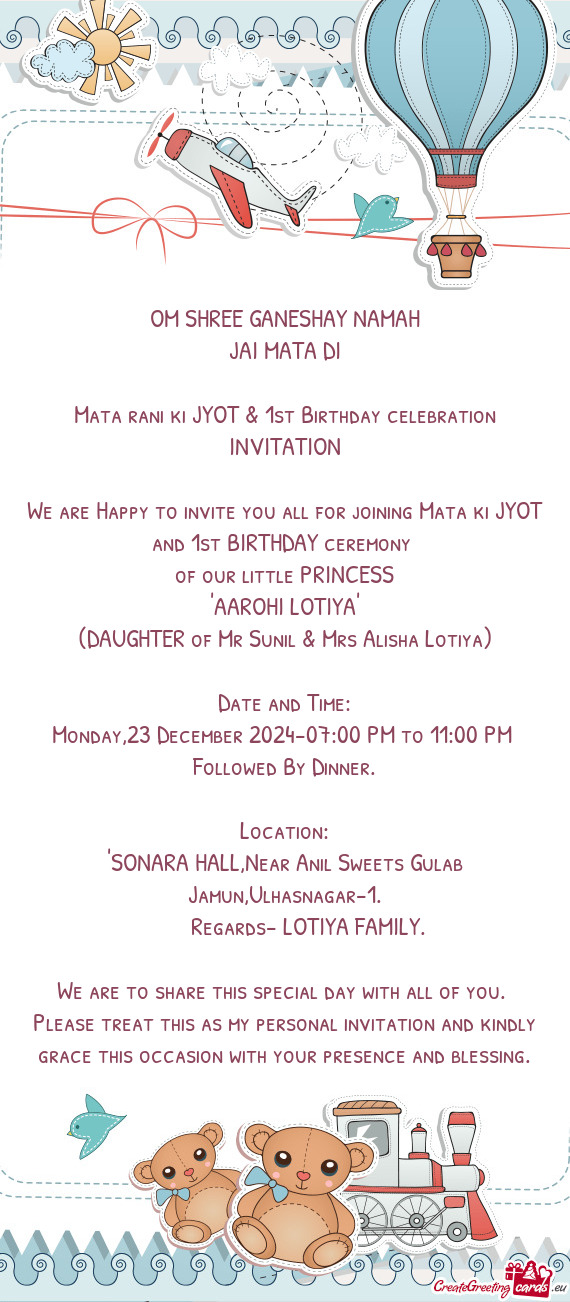 Mata rani ki JYOT & 1st Birthday celebration INVITATION