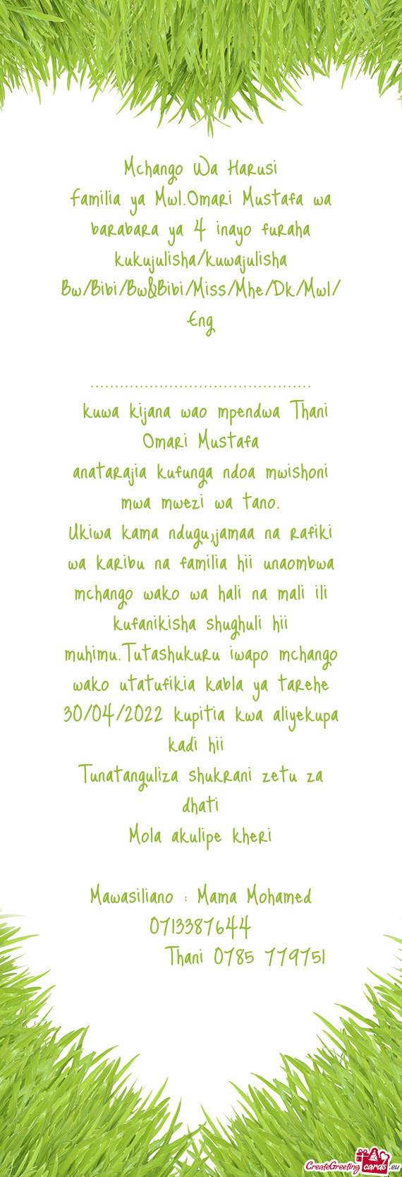 Mawasiliano : Mama Mohamed 0713387644