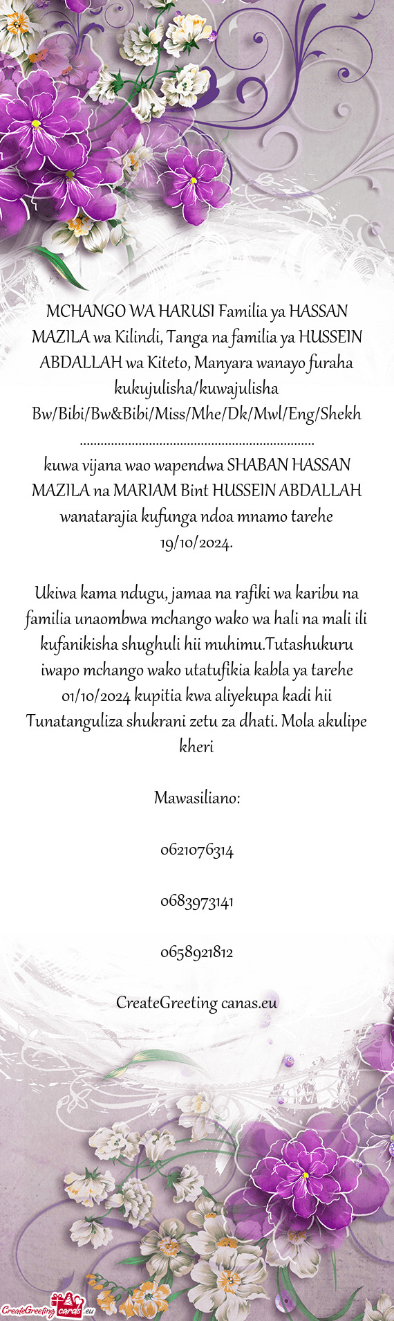 MCHANGO WA HARUSI Familia ya HASSAN MAZILA wa Kilindi, Tanga na familia ya HUSSEIN ABDALLAH wa Kitet