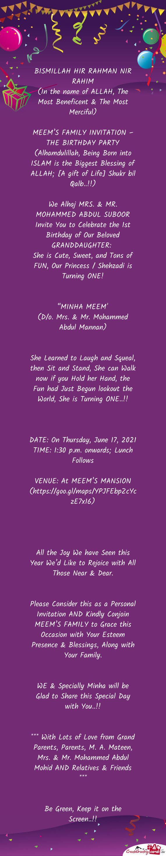 MEEM’S FAMILY INVITATION – THE BIRTHDAY PARTY