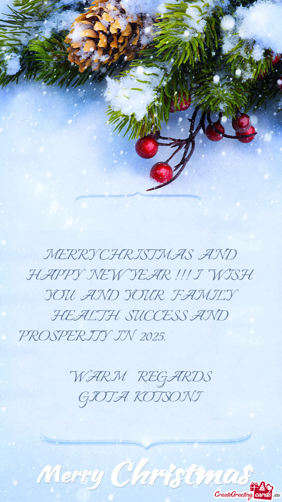 MERRY CHRISTMAS AND HAPPY NEW YEAR !!! I WISH YOU AND YOUR FAMILY HEALTH SUCCESS AND PR