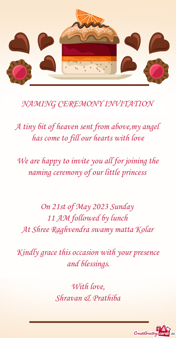 Ming ceremony of our little princess  On 21st of May 2023 Sunday 11 AM followed by lunch At