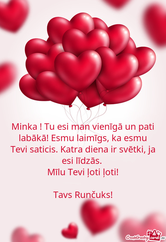 Minka ! Tu esi man vienīgā un pati labākā! Esmu laimīgs, ka esmu Tevi saticis. Katra diena ir s