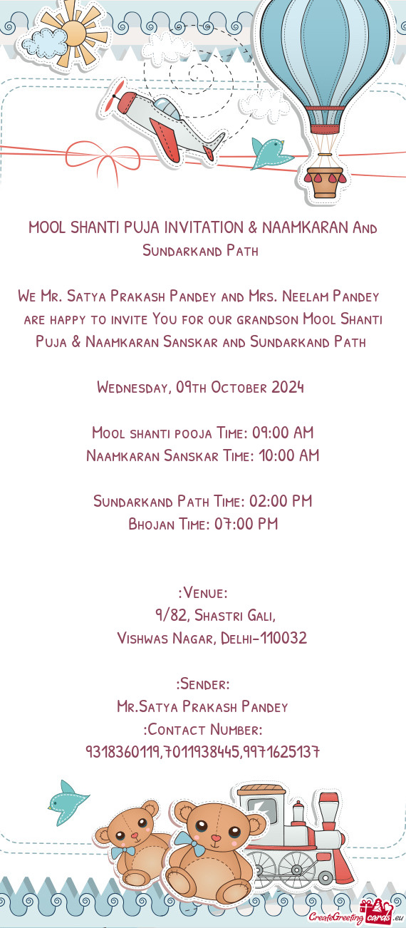 MOOL SHANTI PUJA INVITATION & NAAMKARAN And Sundarkand Path