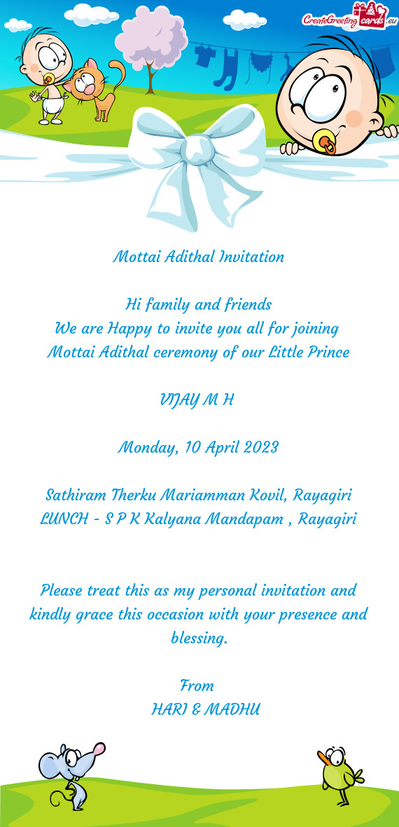 Mottai Adithal Invitation Hi family and friends We are Happy to invite you all for joining Mot