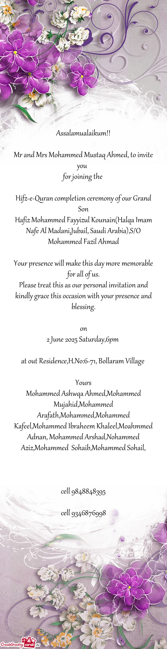 Mr and Mrs Mohammed Mustaq Ahmed, to invite you