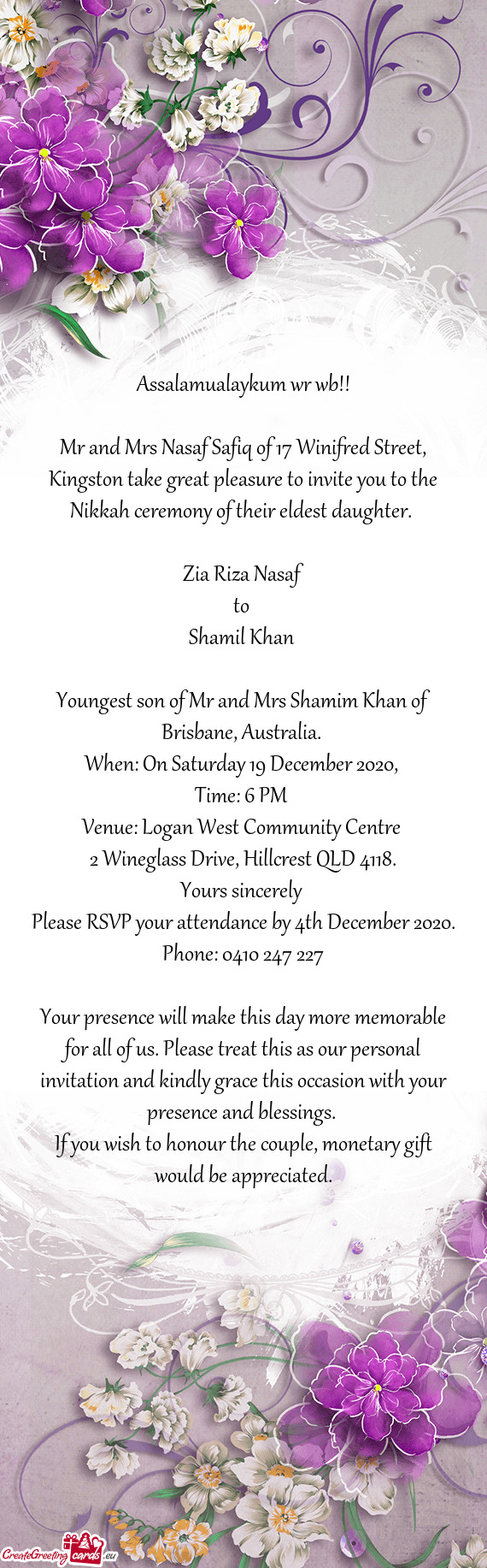 Mr and Mrs Nasaf Safiq of 17 Winifred Street, Kingston take great pleasure to invite you to the Nikk