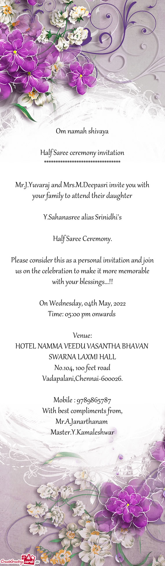 Mr.J.Yuvaraj and Mrs.M.Deepasri invite you with your family to attend their daughter