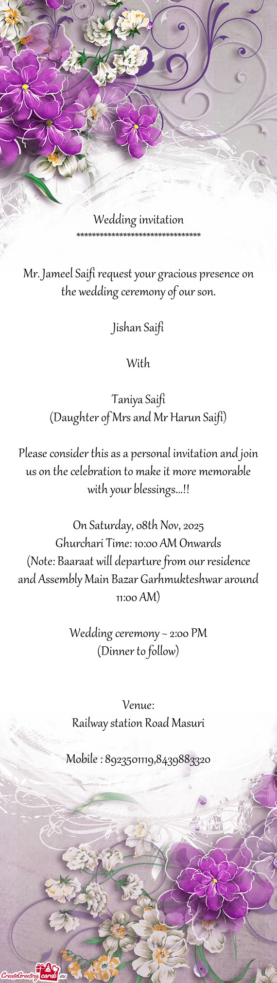 Mr. Jameel Saifi request your gracious presence on the wedding ceremony of our son