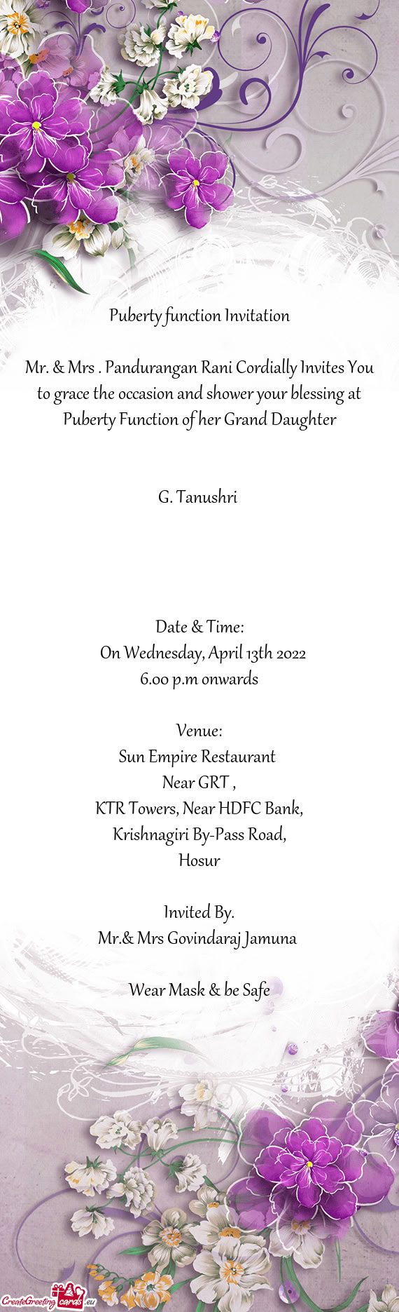 Mr. & Mrs . Pandurangan Rani Cordially Invites You to grace the occasion and shower your blessing at