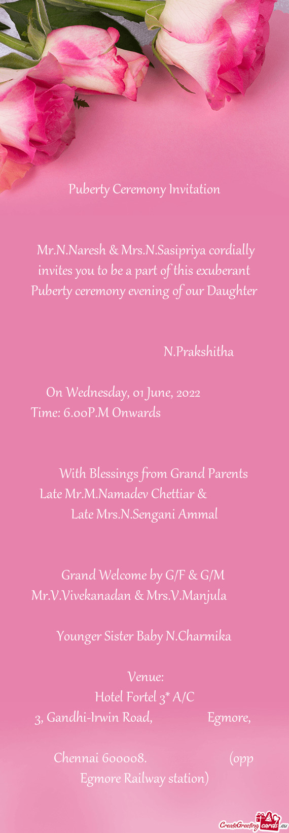 Mr.N.Naresh & Mrs.N.Sasipriya cordially invites you to be a part of this exuberant Puberty ceremony