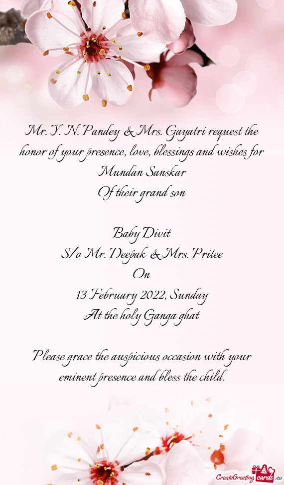 Mr. Y. N. Pandey & Mrs. Gayatri request the honor of your presence, love, blessings and wishes for