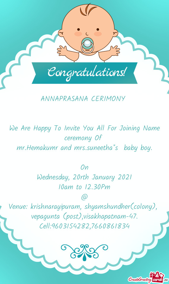 Mr.Hemakumr and mrs.suneetha*s baby boy