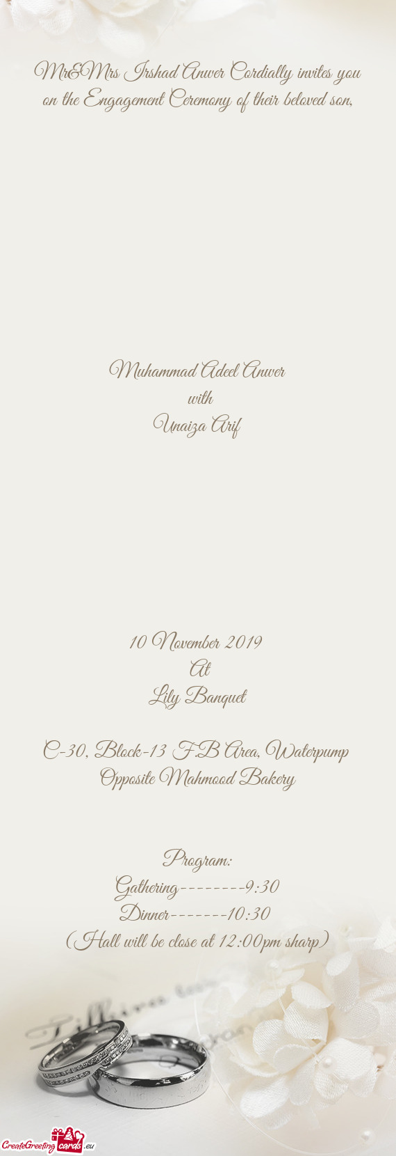 Mr&Mrs Irshad Anwer Cordially invites you on the Engagement Ceremony of their beloved son