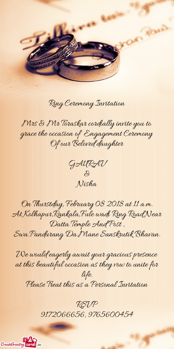 Mrs & Mr Toraskar cordially invite you to