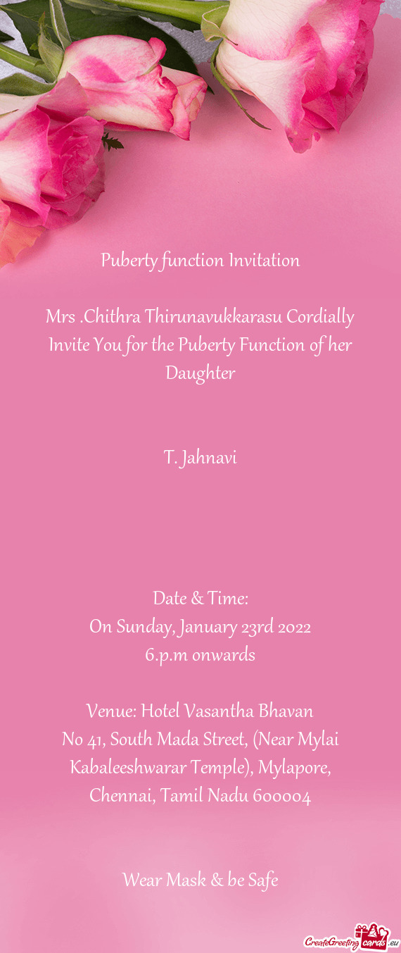 Mrs .Chithra Thirunavukkarasu Cordially Invite You for the Puberty Function of her