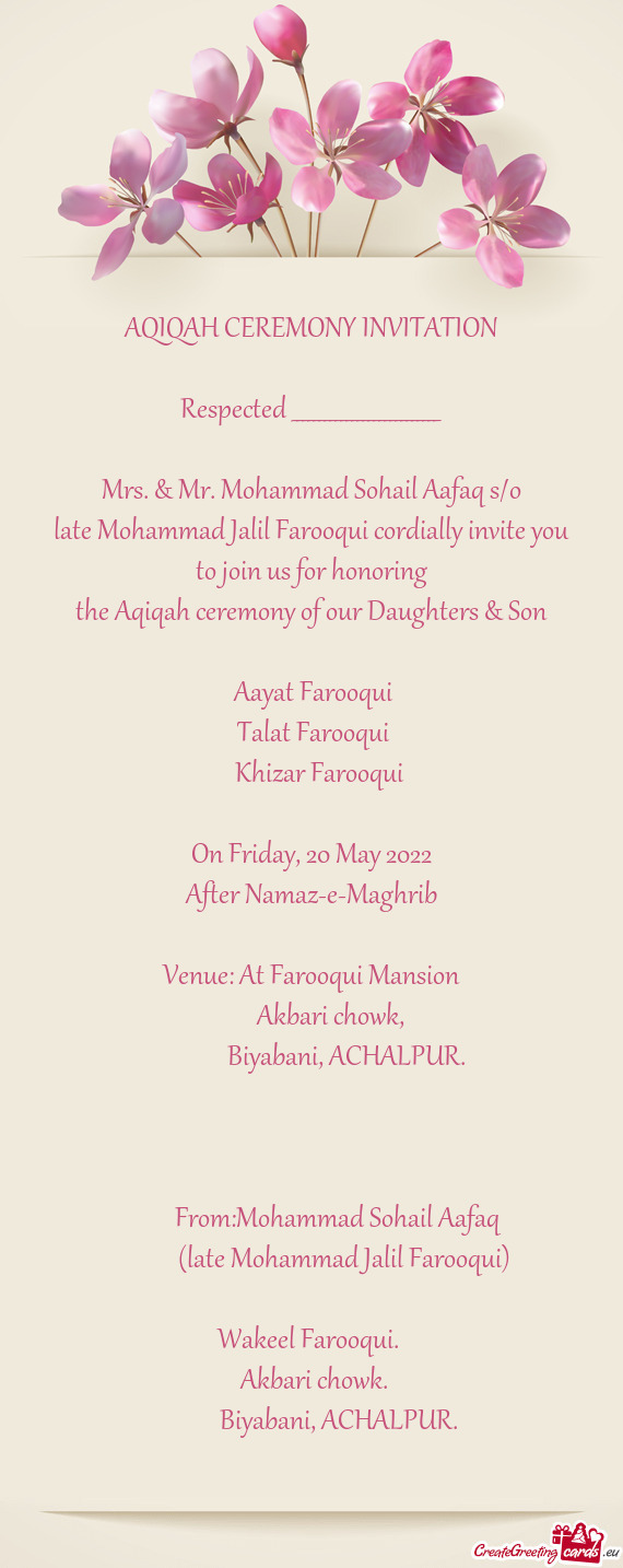 Mrs. & Mr. Mohammad Sohail Aafaq s/o